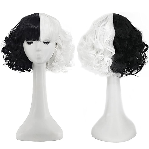 

Cruella Devil Cosplay Wig Black and White Synthetic Hair Heat Resistant Role Play Hairs for Christmas Carnival Party