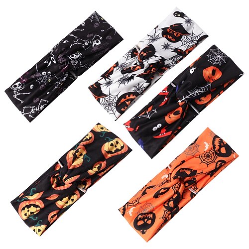 

5 Pcs Halloween Headband Black Orange Classic Color Skull Cobweb Pumpkin Pattern Halloween Headband
