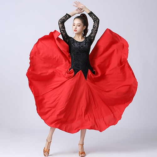 

Ballroom Dance Dress Lace Splicing Women's Training Performance Long Sleeve High Polyester