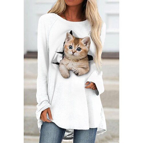 

Women's T shirt Tee Tunic Green Blue White Animal Cat Print Long Sleeve Daily Weekend Basic Round Neck Long 3D Cat Painting S