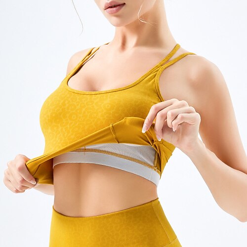 

Women's Yoga Top Medium Support Summer Cross Back Removable Pad Leopard Purple Yellow Nylon Yoga Fitness Gym Workout Sports Bra Bra Top Sleeveless Sport Activewear Quick Dry Moisture Wicking