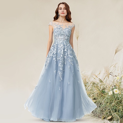 

A-Line Empire Elegant Party Wear Formal Evening Dress Jewel Neck Sleeveless Floor Length Lace with Appliques 2022