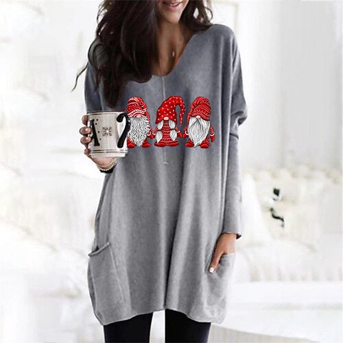 

Women's T Shirt Dress Tee Dress Blue Purple Orange Gray Long Sleeve Print Color Gradient Pocket Print Winter Fall V Neck Casual Christmas S M L XL XXL 3XL 4XL