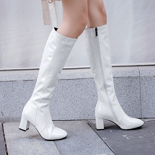 Women's Patent Leather zip round Toe Block low Heel High mid calf Boots #g