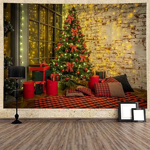 

Christmas Santa Claus Holiday Party Wall Tapestry Photography Background Art Decor Blanket Hanging Home Bedroom Living Room Decoration Tree Snowman Elk Snowflake Candle Gift Fireplace