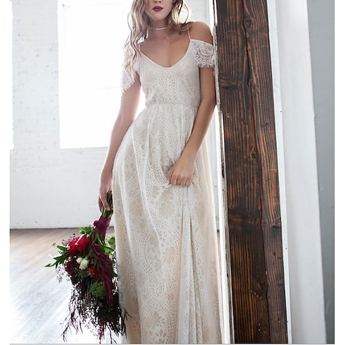 

Sheath / Column Wedding Dresses V Neck Spaghetti Strap Sweep / Brush Train Lace Short Sleeve Romantic Beach Sexy with Appliques 2022