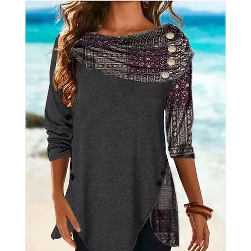 

Women's Shirt Graphic Patterned Daily Weekend Shirt Long Sleeve Asymmetric Print Round Neck Casual Streetwear Gray Dark Gray S