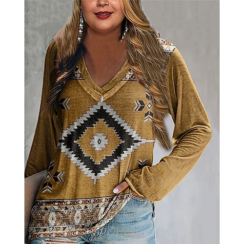 

Women's Plus Size Tops Blouse Shirt Tribal Geometry Print Long Sleeve V Neck Streetwear Preppy Daily Weekend Polyester Fall Spring Green Blue