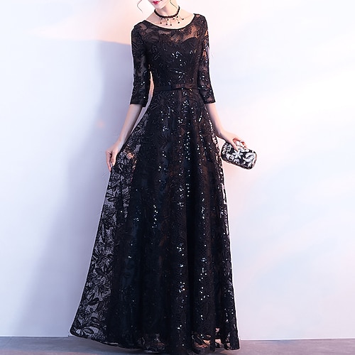 

A-Line Glittering Elegant Wedding Guest Formal Evening Dress Jewel Neck 3/4 Length Sleeve Floor Length Sequined with Sash / Ribbon Bow(s) Sequin 2022