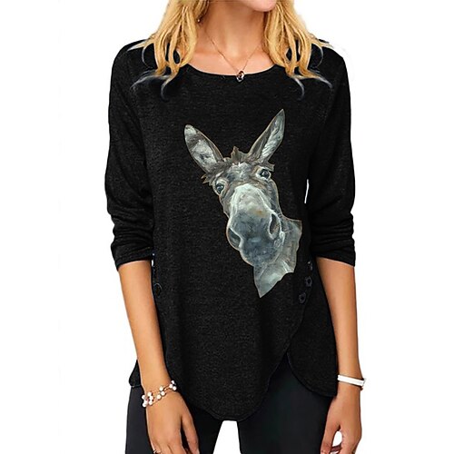 

Women's T shirt Tee Green Blue Purple Animal Donkey Button Print Long Sleeve Daily Weekend Basic Round Neck Regular Painting S