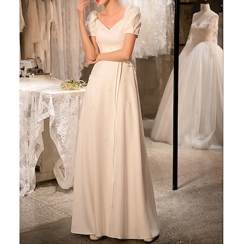 

A-Line Wedding Dresses V Neck Floor Length Satin Short Sleeve Country Simple Vintage Little White Dress 1950s with Beading 2022