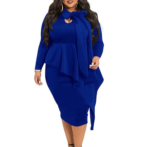 

Women's Plus Size Party Dress Solid Color Turtleneck Split Long Sleeve Fall Winter Work Casual Prom Dress Midi Dress Daily Vacation Dress / Bow