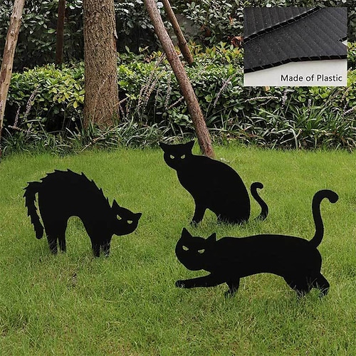 

3 Halloween-Dekorationen für den Außenbereich, schwarze Katzen-Dekoration, Gartenschilder mit Pfählen, gruselige Silhouette mit leuchtenden Augen im Dunkeln, gewellte, wasserfeste Rasendekorationen