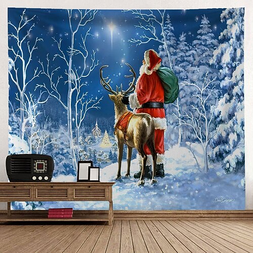 

Christmas Santa Claus Holiday Party Wall Tapestry Photography Background Art Decor Blanket Curtain Hanging Home Bedroom Living Room Decoration Tree Snowman Elk Snowflake Candle Gift Fireplace