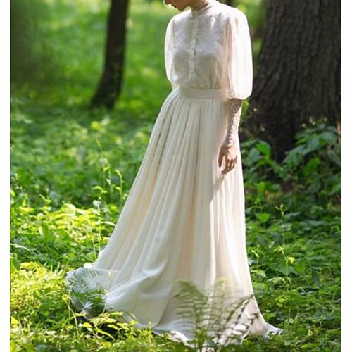 

A-Line Wedding Dresses High Neck Sweep / Brush Train Chiffon Lace Long Sleeve Romantic Vintage with Buttons Appliques 2022