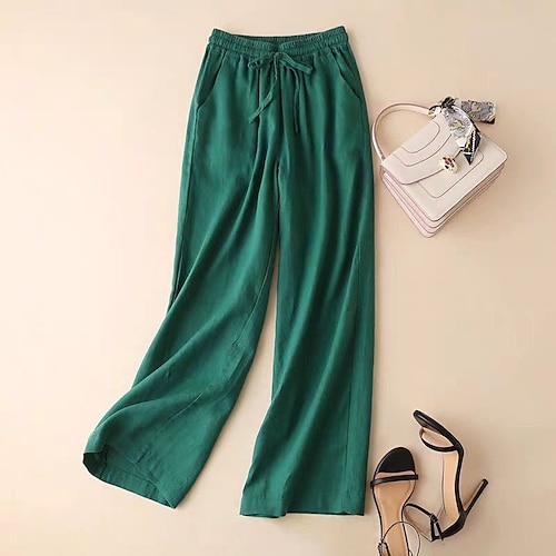 

Women's Culottes Wide Leg Chinos Pants Trousers Linen / Cotton Blend Green Brown Black Mid Waist Fashion Office / Career Casual Weekend Side Pockets Micro-elastic Full Length Comfort Plain M L XL XXL
