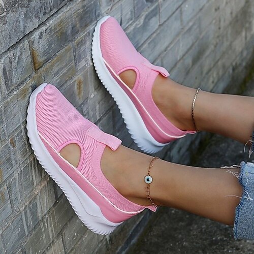 

Women's Sneakers Plus Size Flyknit Shoes Flat Heel Round Toe Walking Shoes PU Loafer Solid Colored Black Rosy Pink Gray