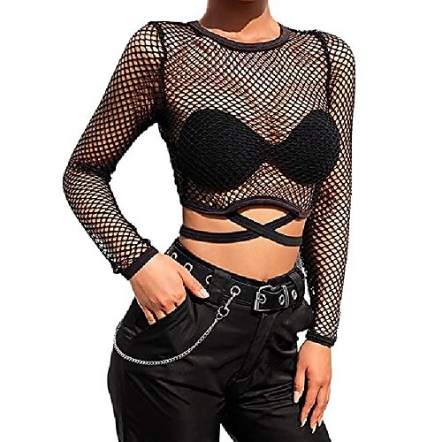 

women 's long sleeve mesh sexy crop tops crew neck fishnet cutout see through t-shirts (black, small)