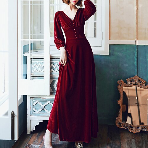

A-Line Prom Dresses Minimalist Dress Prom Floor Length Long Sleeve V Neck Velvet with Pleats Beading 2022 / Formal Evening
