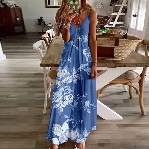 

robe nuisette à fleurs pour femmes robe longue à col en v robe maxi rose clair vert clair fuchsia imprimé sans manches printemps été mince 2023 s m l xl xxl