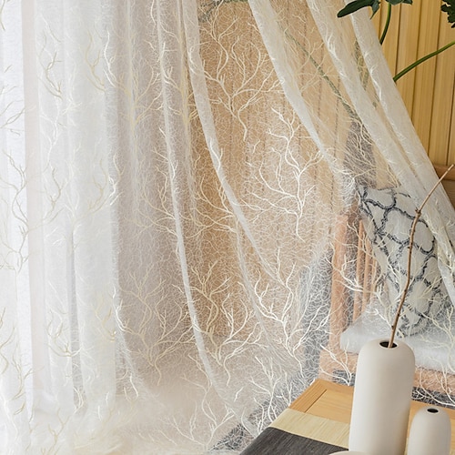 

One Panel American Rural Style High-Density Big Tree Embroidered Gauze Curtain Living Room Bedroom Dining Room Children's Room Translucent Tulle
