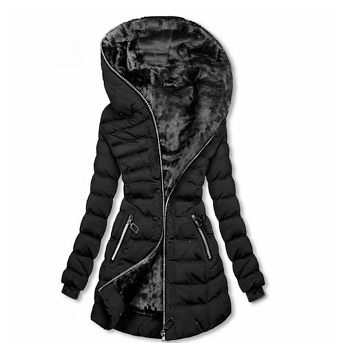 

Women's Puffer Jacket Long Full Zip Pocket Button Coat Black Yellow Silver Red Casual Street Fall Zipper Hoodie Loose S M L XL XXL / Daily / Warm / Breathable / Solid Color / Lined