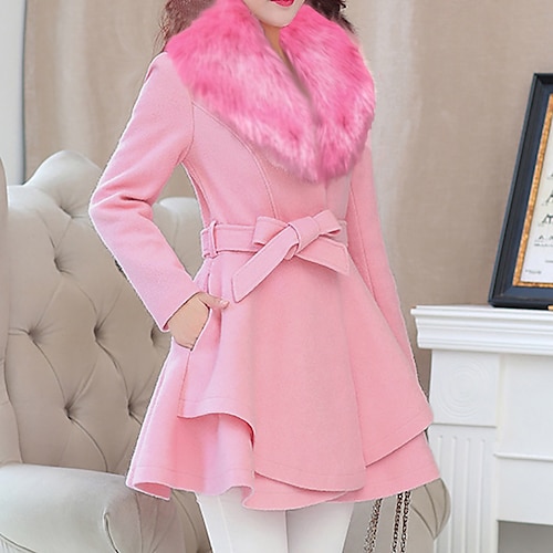 

Women's Coat Casual Daily Valentine's Day Fall Winter Long Coat V Neck Regular Fit Windproof Warm Casual Jacket Long Sleeve Solid Color Fur Trim Quilted Black Pink Red