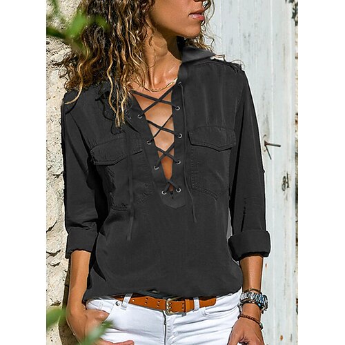 

Mujer Camisa Blusa Negro Plano Acordonado Bolsillo Manga Larga Diario Fin de semana Ropa de calle Casual Cuello Camisero Regular S