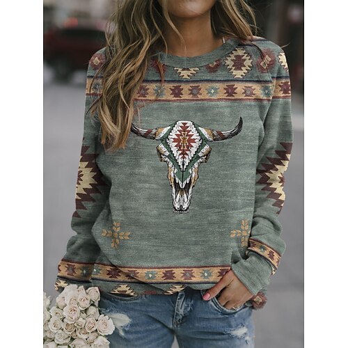 

Women's Sweatshirt Pullover Graphic Prints Cow Print Crew Neck Casual Sports Active Ethnic Hoodies Sweatshirts Blue Black Red