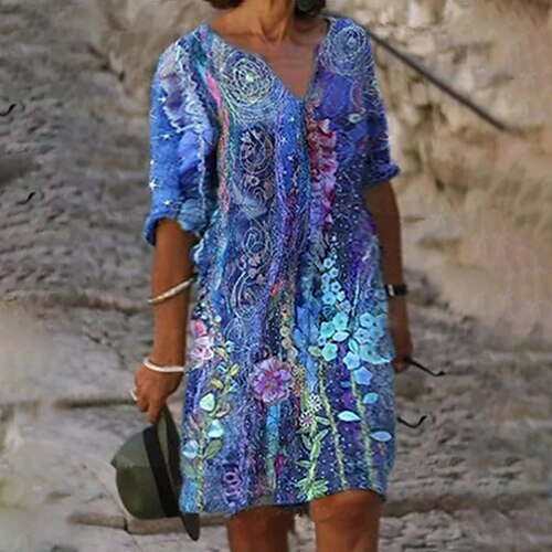 

Women's Plus Size A Line Dress Print V Neck Print Half Sleeve Fall Summer Casual Knee Length Dress Daily Date Dress
