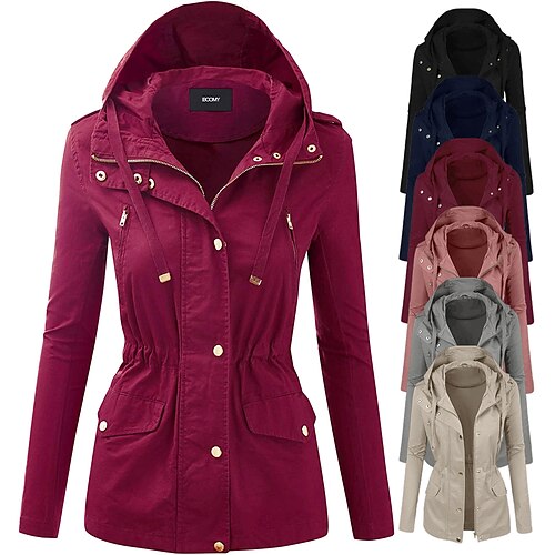 

women's lightweight front zipper solid utility anorak hoodie jacket large size fashion long sleeve motorcycle hooded parka trench coat girl short autumn winter bomber jacket hiking climbing traveling