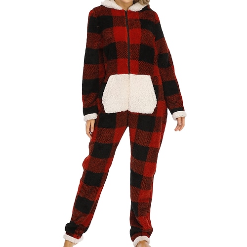 

Women's Christmas Pajamas Winter Bodysuits Onesies Pjs Grid / Plaid Sweet Home 0Gift Fall Spring Red / Zipper / Print