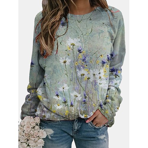 

Mujer Sudadera Pull-over Básico Ropa de calle Estampado Verde Claro Floral Estampados Festivos Cuello Barco Manga Larga