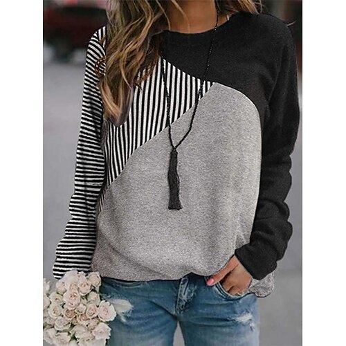 

Women's Sweatshirt Pullover Casual Patchwork Gray Color Block Loose Fit Round Neck Long Sleeve Cotton