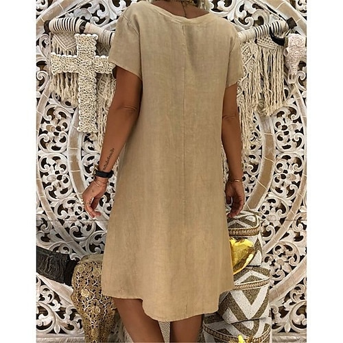 Damen Etuikleid Knielanges Kleid Armeegrün Khaki Gelb Kurzarm Volltonfarbe Frühling Sommer V-Ausschnitt Grundlegend Alltag Lose 2022 M L XL XXL 3XL 4XL 5XL