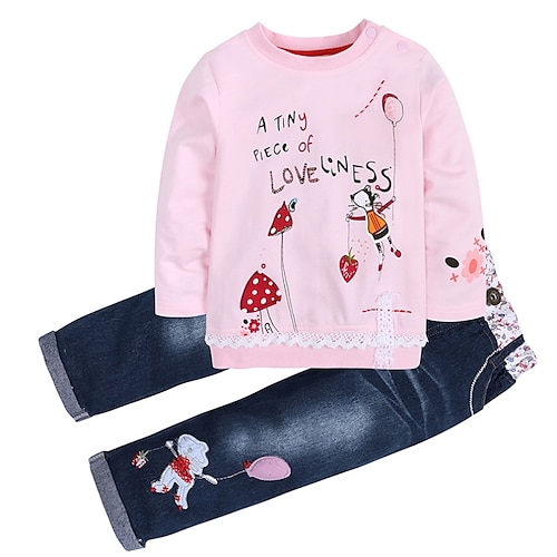 

2 Piezas Niños Chica Conjunto de Ropa Vestimenta Animal Caricatura Letra Manga Larga Encaje Algodón Establecer Básico Estilo lindo Otoño Primavera 3-8 años Rosa Beige