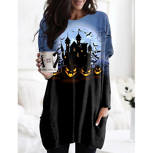 

Women's T shirt Tee Tunic Green Blue Purple Graphic Pumpkin Pocket Print Long Sleeve Halloween Weekend Basic Halloween Round Neck Long Floral Abstract Painting S