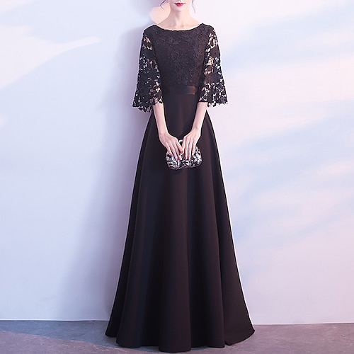 

A-Line Minimalist Elegant Wedding Guest Formal Evening Dress Jewel Neck Half Sleeve Floor Length Lace with Lace Insert 2022