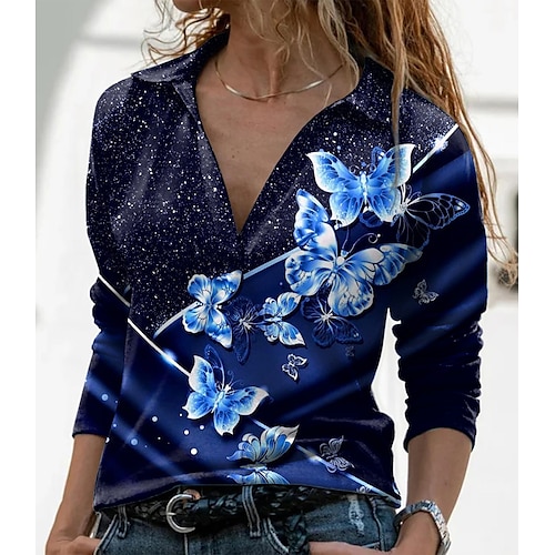 

Women's Blouse Shirt Green Blue Purple Animal Butterfly Print Long Sleeve Daily Weekend Basic Shirt Collar Regular Butterfly Painting S / 3D Print