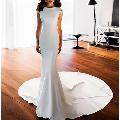 

Sheath / Column Wedding Dresses Jewel Neck Court Train Stretch Fabric Sleeveless Simple Sexy with Pearls 2022
