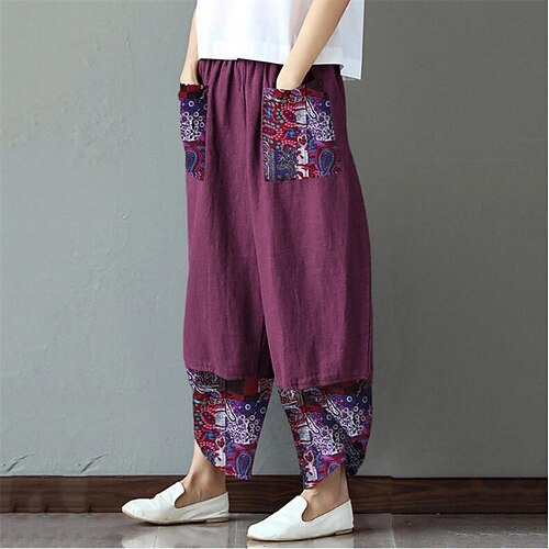

Women's Plus Size Wide Leg Chinos Pocket Patchwork Print Color Block Casual Casual Daily Natural Full Length Fall Winter Black Purple Yellow L XL 3XL 4XL 5XL