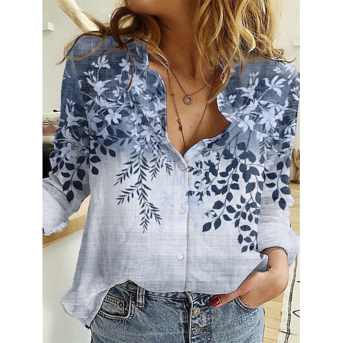 

Women's Blouse Shirt Green Blue Purple Graphic Floral Button Print Long Sleeve Holiday Weekend Streetwear Casual Shirt Collar Regular Floral S / 3D Print