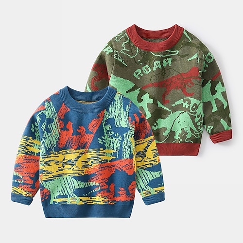 

Kids Boys Sweater Dinosaur School Long Sleeve Active Cotton 3-6 Years Winter Blue Army Green