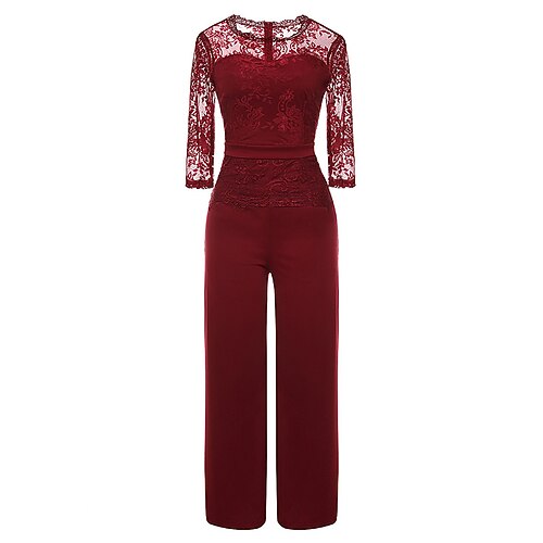 

Women's Jumpsuit Lace Crew Neck Elegant Business Daily Regular Fit Long Sleeve Green Blue Red S M L Fall