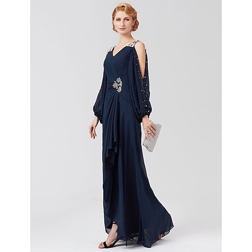 

A-Line Mother of the Bride Dress High Low V Neck Asymmetrical Chiffon 3/4 Length Sleeve with Sash / Ribbon Pleats Beading 2022 / Illusion Sleeve