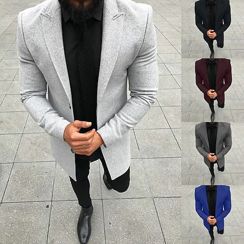 

Men's Winter Coat Street Business Winter Fall Polyester Thermal Warm Breathable Outerwear Clothing Apparel Casual Solid Color Pocket Turndown Single Breasted
