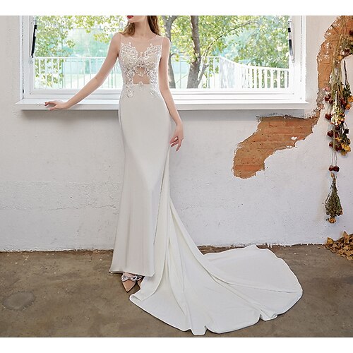 

Sheath / Column Wedding Dresses Jewel Neck Court Train Italy Satin Sleeveless Romantic with Appliques 2022