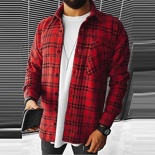

Men's Coat With Pockets Daily Wear Vacation Going out Single Breasted Turndown Streetwear Casual Daily Outdoor Jacket Outerwear Plaid Pocket Print Red