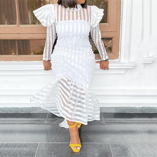 

Women's White Dress Long Dress Maxi Dress White Long Sleeve Striped Print Winter Fall Autumn Turtleneck Winter Dress Fall Dress S M L XL XXL 3XL