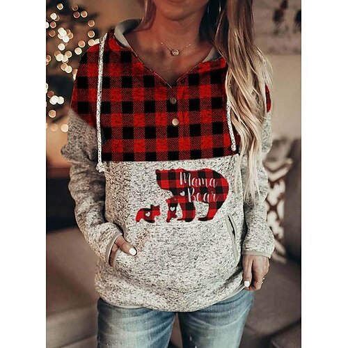

Women's Hoodie Sweatshirt Pullover Active Streetwear Front Pocket Print Wine Red Green Red Animal Plaid Checkered Daily Hooded Long Sleeve S M L XL XXL / 3D Print